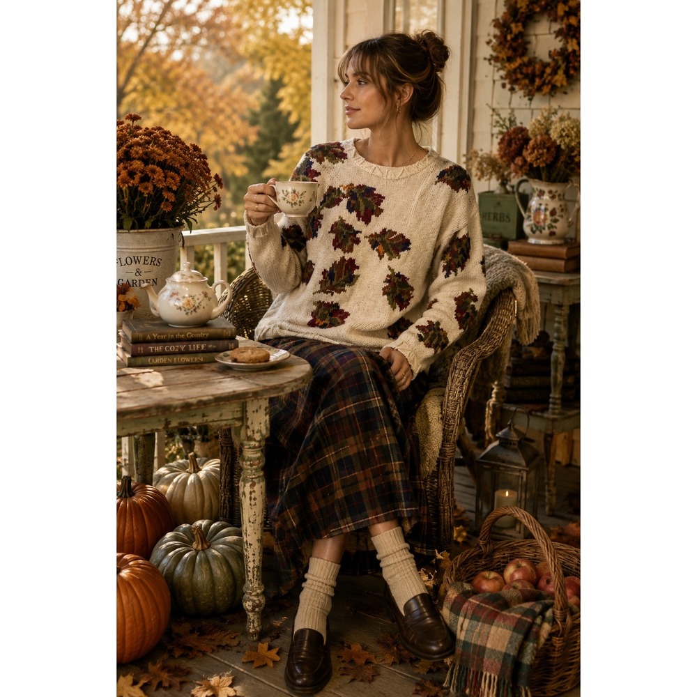 Vintage Chinawear 90s Fall Leaf Sweater Medium Grandmacore Cottagecore Knit